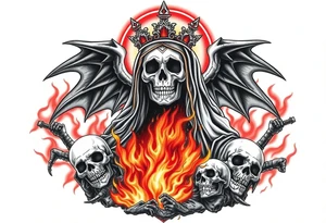 Powerful and evil Santa muerte rising from the flames and ashes of hell, surrounded by unclaimed souls tattoo idea