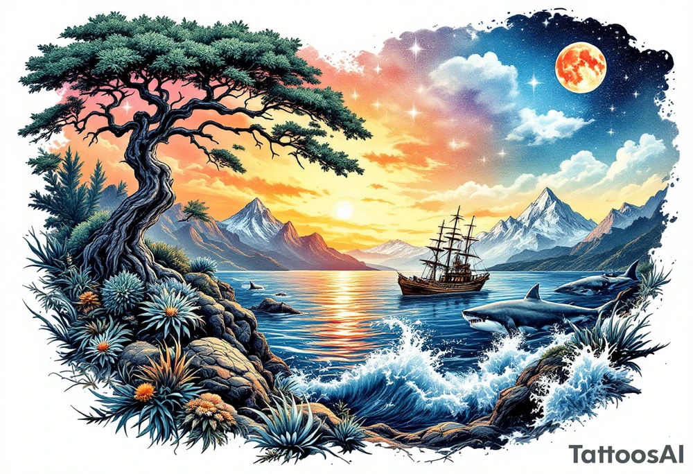 tattoo that has an acacia tree with mountains, ocean with a ship wreck with sharks and the northern star tattoo idea