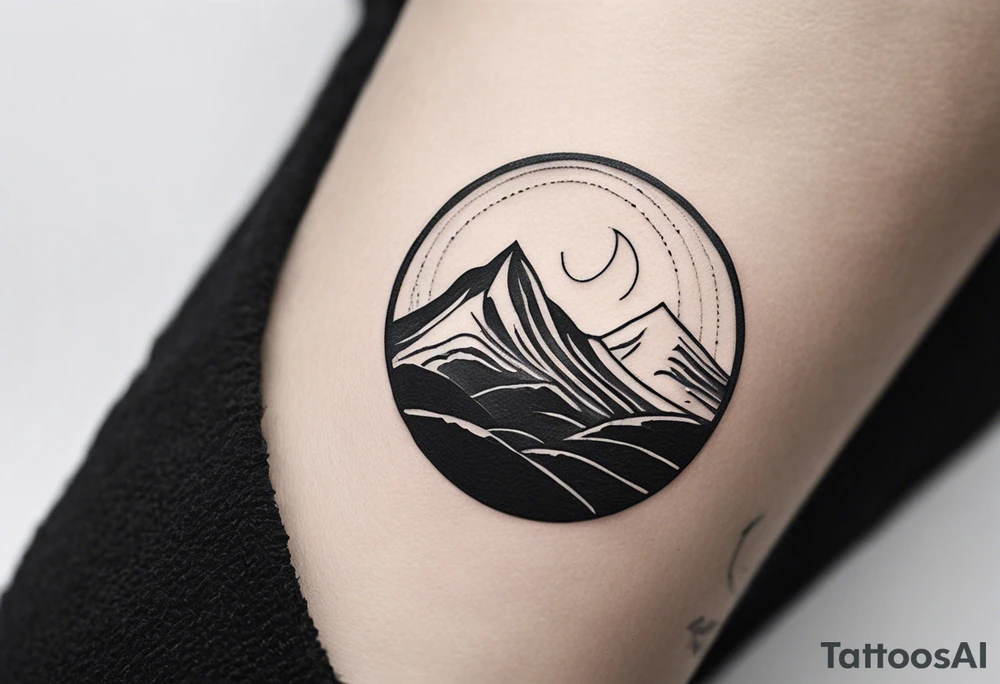 Here’s a concise English description for TattooAI:

	Minimalist black-and-white tattoo placed just above the inner elbow, featuring an open circle symbolizing a new beginning. Inside the circle is a simple, stylized mountain, representing stability and growth. A fine, wavy lifeline extends outward from the mountain, illustrating life’s journey with its ups and downs. Thin, clean lines create a delicate and subtle design. tattoo idea