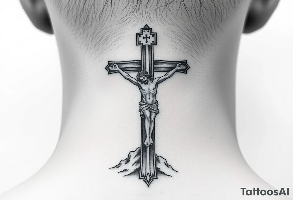 Traditional orthodox ICXC Christian cross with the small horizontal bar at the top with a plaque titulus, the central longest horizontal bar with Jesus Christ on the cross also with the slanted part of the cross where christs feet were nailed in a Russian wilderness Kremlin setting tattoo idea