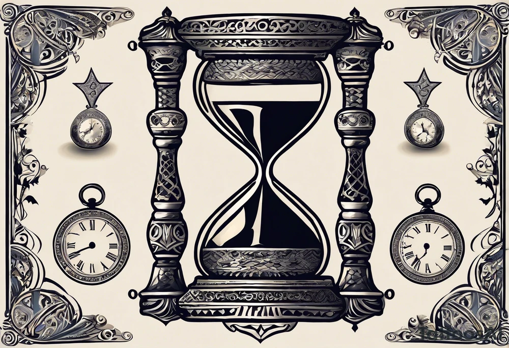 I want a tattoo-inspired design for a t-shirt that features a bold and detailed hourglass with a hand clock in the center, using Amazigh numerals for the clock numbers. The hourglass should have a strong, shaded look, with sharp lines resembling tattoo art. Planets and stars should orbit around the hourglass, giving it a cosmic and timeless feel. The design should be intricate, focusing on the flow of time and the universe, with the planets adding depth and movement. The overall aesthetic should be bold and detailed, in a blackwork tattoo style, without any flowers."black and whit design tattoo idea