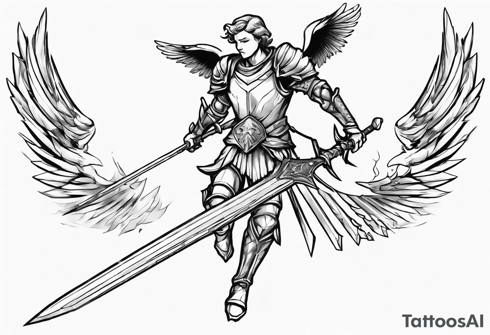 A winged angel wearing armor that is in mid-air with his two-handed sword about to attack in isometric view. tattoo idea