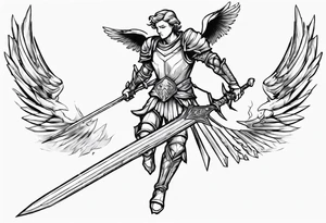 A winged angel wearing armor that is in mid-air with his two-handed sword about to attack in isometric view. tattoo idea