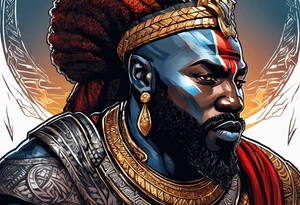 Black-skinned african god of war with a small silver crown tattoo idea