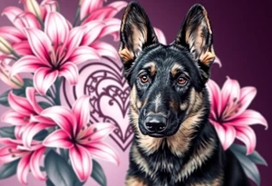 short haired german shepherd with alert ears looking protective surrounded by pink lilies with large leaves in front of a sacred heart tattoo idea