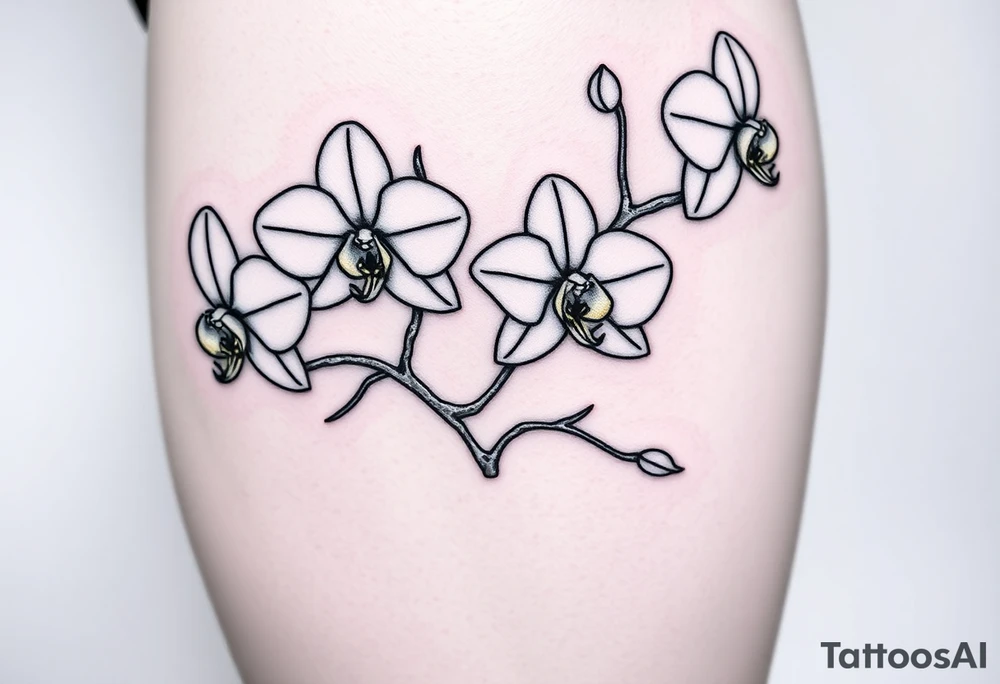 Three line orchids different size realistic and a mix of vagina. Are connected with branches tattoo idea