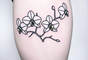 Three line orchids different size realistic and a mix of vagina. Are connected with branches tattoo idea