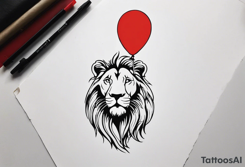 tattoo design should be in the layout of the famouse picture"small princ"  where it should remind me that I survived,and my life was saved by my husband, and he should be represented in the tattoo as a young lion holding a balloon held in the muzzle.
The baloon which is red and in Hearth shape. The whole body of lion should be visible and more abstract not so realistic.The lion is holding the string of the baloon in the muzzle. The string from the balloon should have a heartbeat pulse.The baloon should be red colored, and the rest of the image should be black only. tattoo idea