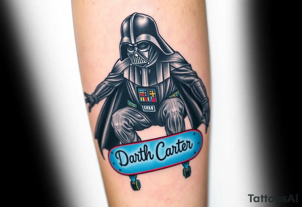 Darth Vader skateboarding >
blue & red
skateboard say "Darth Carter"
12/29/88-01/06/24 tattoo idea