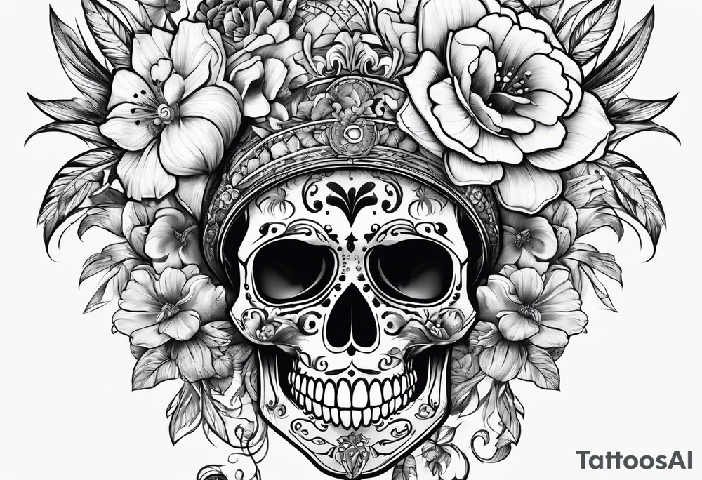 lot of flowers, skulls and bong tattoo idea