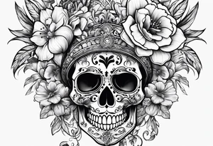 lot of flowers, skulls and bong tattoo idea