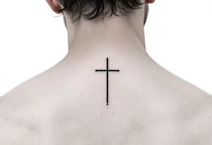 AA simple dot-style cross binked in deep black, with the word "Strong" in clean sans-serif under the other eye on man face under a man’s right eye. tattoo idea