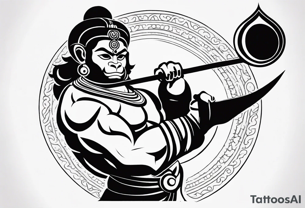 A simplified depiction of Hanuman, focusing on clean lines and minimal detail to capture his essence. Key features like his face, his mace (gada), and his posture could be subtly defined, without overwhelming detail. Avoid intricate textures, focusing more on silhouette and key symbolic elements.

ensure his entire body and tail 
is in the design tattoo idea