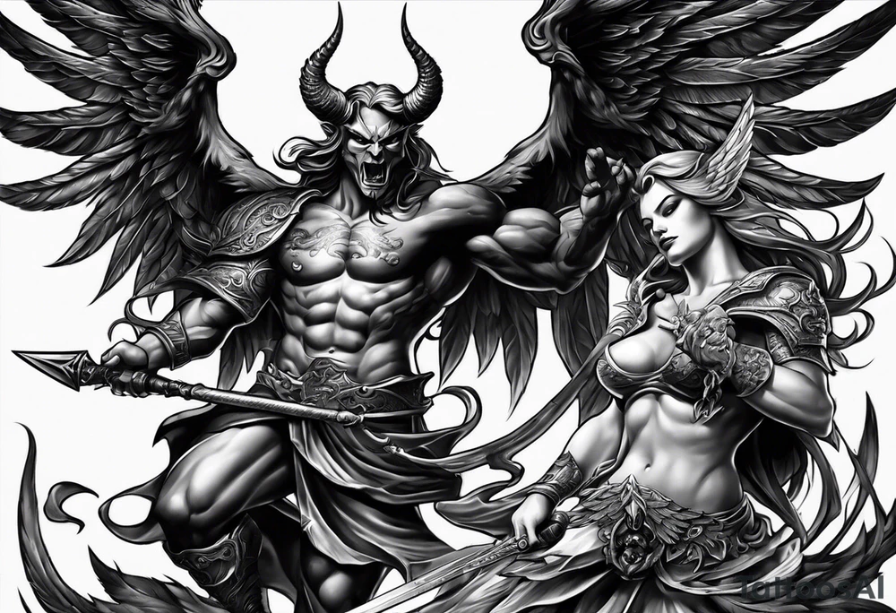 Devil with angel wings fighting tattoo idea