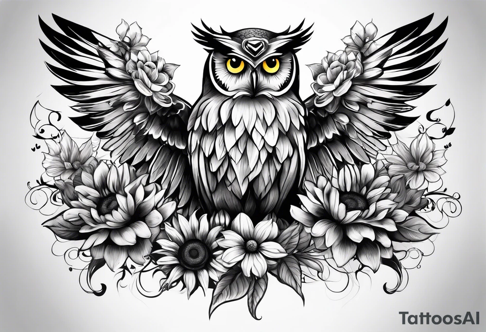Owl with angel wings, sunflowers and butterflies sleeve tattoo idea