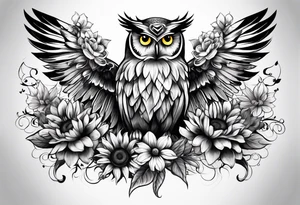 Owl with angel wings, sunflowers and butterflies sleeve tattoo idea