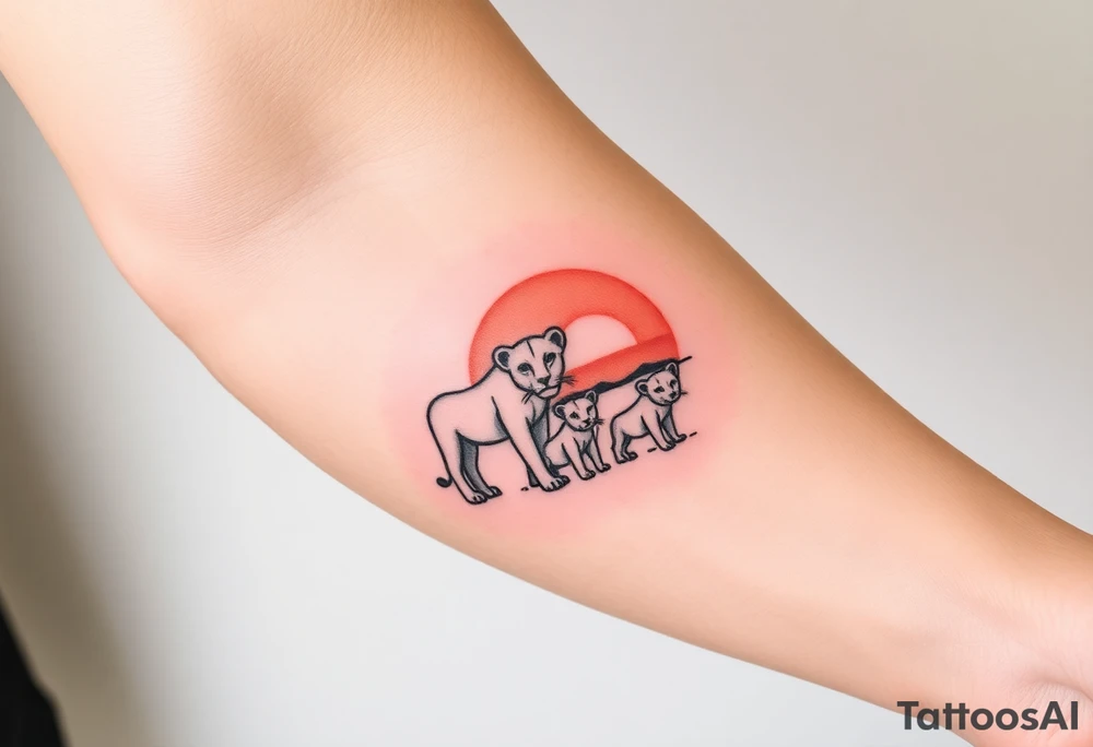 lion family, lioness and two cubs at sunset in the savannah tattoo idea