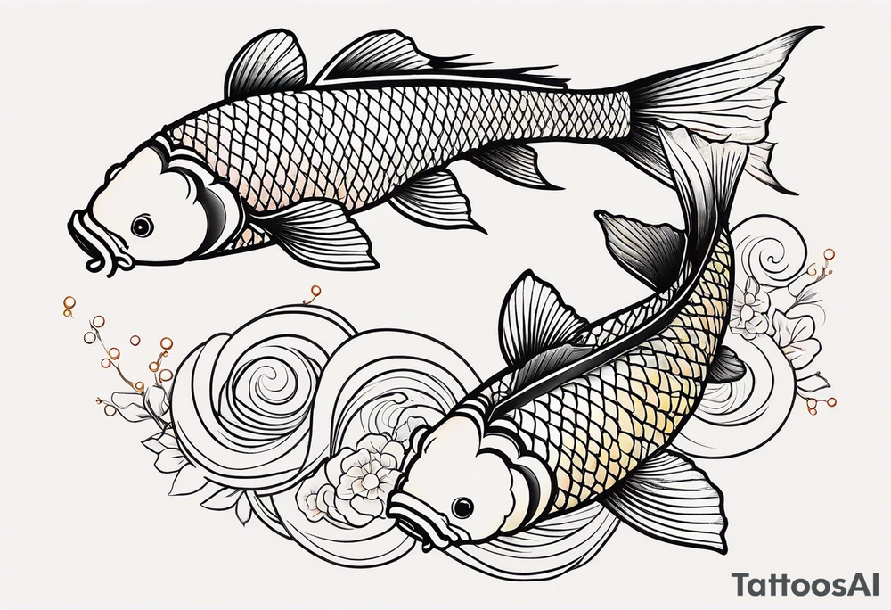 koi fish with a little narrow body, elongated fins, trimmed with pearls, ginko leaves around, minimal color, sketch technic, gradient lines theme tattoo idea