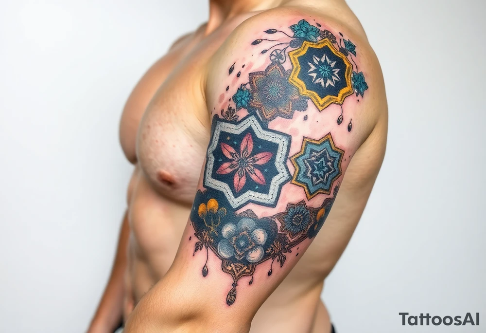 Good karma symbols inside honey combs tattoo idea