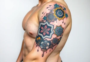 Good karma symbols inside honey combs tattoo idea