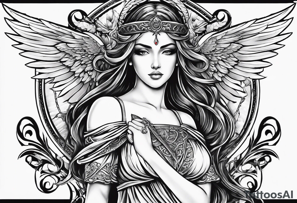 A fineline tattoo on a back with a sword down the spine a goddess in the right side and angel wing in the left side tattoo idea