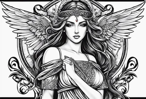 A fineline tattoo on a back with a sword down the spine a goddess in the right side and angel wing in the left side tattoo idea