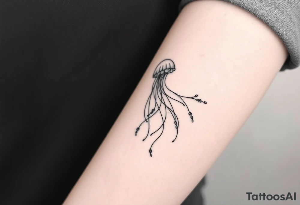 Fine line black and gray tattoo of an ethereal jellyfish representing self-love, freedom, and emotional depth. The jellyfish should have flowing, delicate tentacles that intertwine softly with thin organic branches or subtle leafy stems — no flowers, just abstract botanical lines that add a sense of growth and balance. The composition should feel light, graceful, and poetic, like movement underwater. Keep the lines elegant and harmonious, almost calligraphic. The design should look minimal yet expressive, with a serene, introspective aura tattoo idea