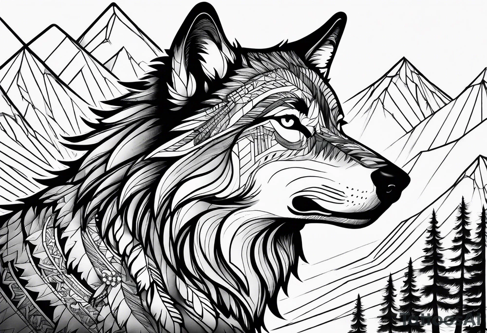 Wolf with mountains tattoo idea