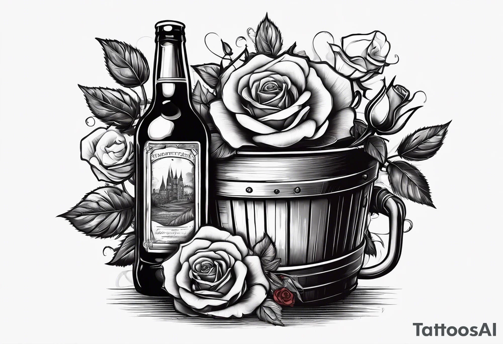 A bottle of beer and a stalk of rose in the bucket tattoo idea