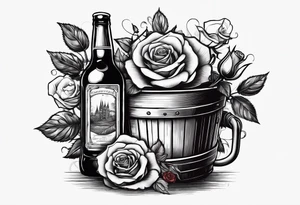 A bottle of beer and a stalk of rose in the bucket tattoo idea
