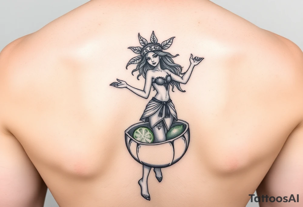 Dancing free spirit girl with a lime in a coconut tattoo idea