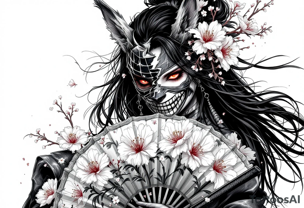 Woman samurai with red eyes wearing an half and broken kitsune mask, holding a japanese fan with Sakura flowers tattoo idea