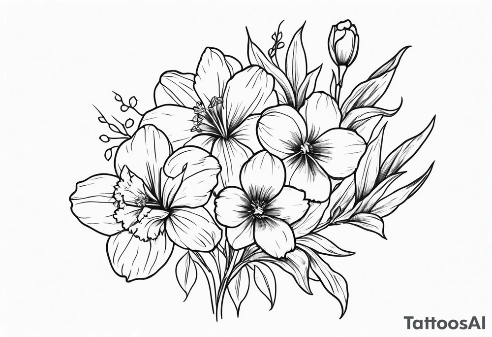 a vertical minimalist style line art tattoo of a bouquet of violets, daffodils, gladiolus, and cosmos tattoo idea