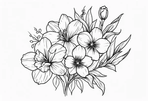 a vertical minimalist style line art tattoo of a bouquet of violets, daffodils, gladiolus, and cosmos tattoo idea