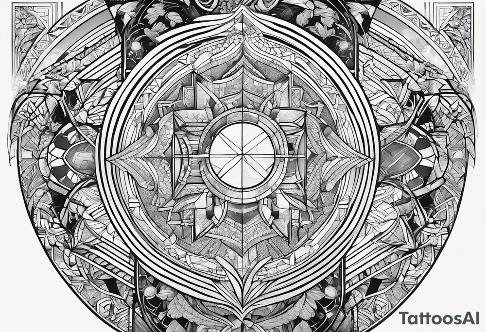 A visual representation of the creation story from the bible. Done in vertical geometric abstract. 16" tall 6" wide tattoo idea