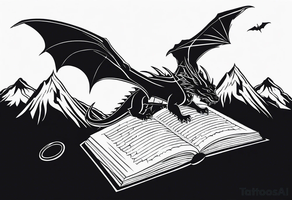 A large open book. a dragon with scales and four legs flying high in the sky. three mountains tattoo idea