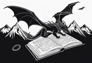 A large open book. a dragon with scales and four legs flying high in the sky. three mountains tattoo idea