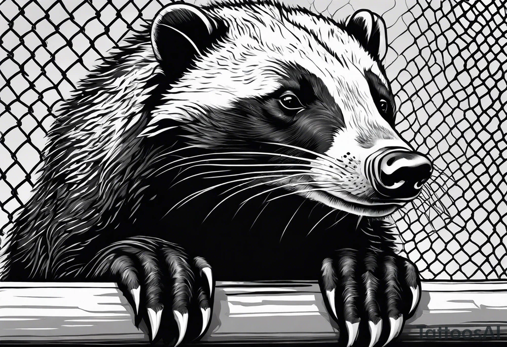 honey badger climbing-over, claws near face, behind, on its back legs, looking over fence, closed mouth tattoo idea