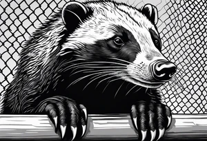 honey badger climbing-over, claws near face, behind, on its back legs, looking over fence, closed mouth tattoo idea