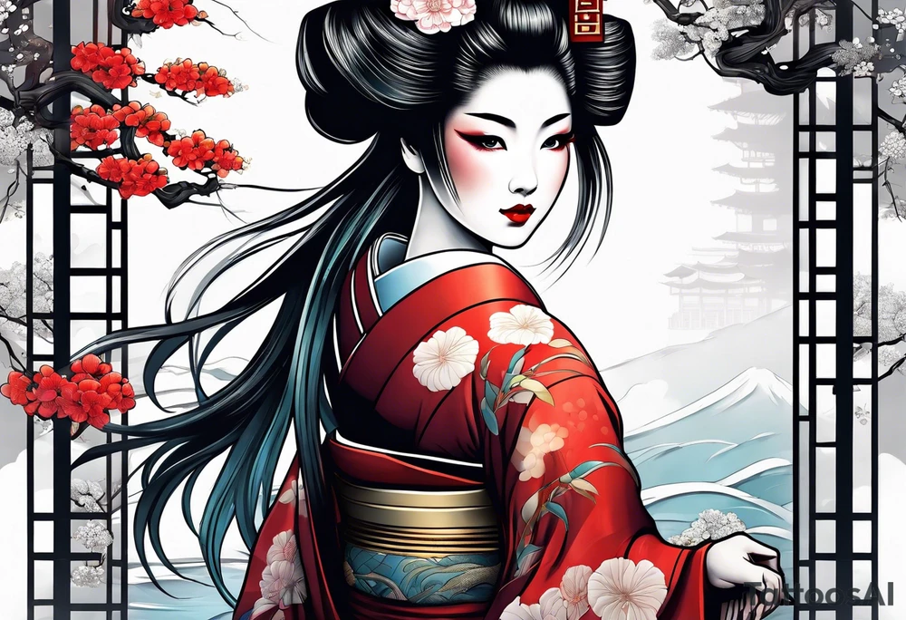 geisha girl that is also a Japanese waterfall tattoo idea