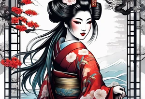 geisha girl that is also a Japanese waterfall tattoo idea