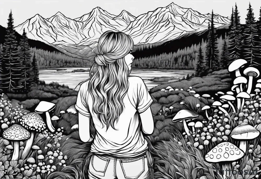 Straight long blonde hair hippie girl in distance holding mushrooms in hand facing away toward mountains and creek surrounded by mushrooms tee shirt and hiking pants; whole rendering within a full circle, no cut off circle tattoo idea