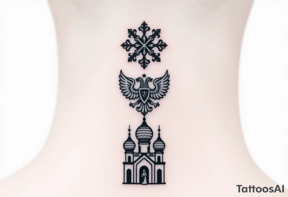 Stacked Vertical Column 

Russian star — small, bold
Middle: Miniature double-headed eagle — simplified, cleaner lines to suit the smaller space
Bottom: Orthodox church dome(s) with a small Virgin Mary silhouette beneath tattoo idea
