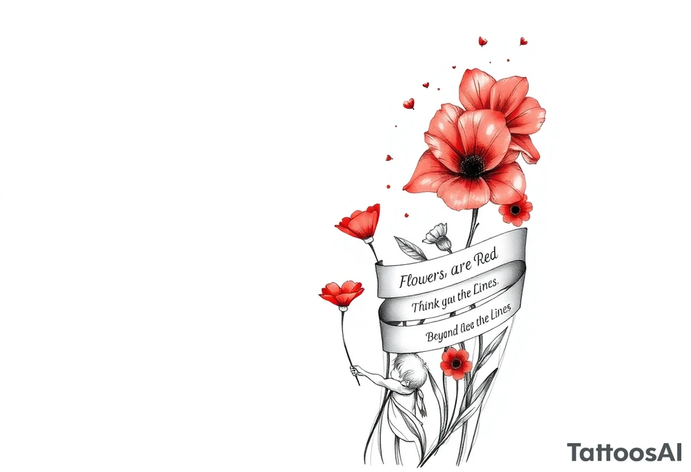 A possible design could feature:
•	A small child holding a paintbrush, painting a vibrant flower among a field of uniform red flowers.
•	A contrast between one colorful flower and the rest being red, symbolizing creativity vs. conformity.
•	A flowing ribbon with the phrase "Flowers are Red" or "Think Beyond the Lines" in elegant script.
•	A mix of watercolor and sketch styles to highlight both freedom and rigidity. tattoo idea