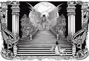 walking through the shadow valley of death with a stair case in the middle and angel at the top of the stairs and lots of demons  surrounding the staircase tattoo idea