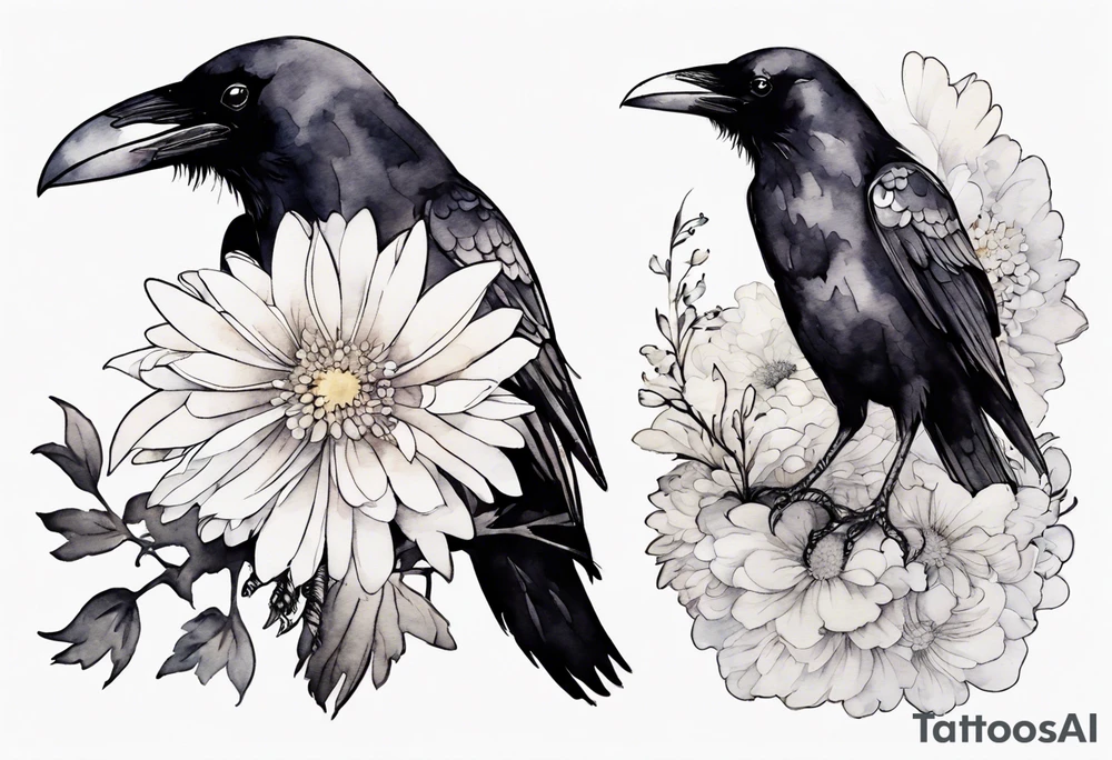 a raven wearing a tiny white chrysanthemum tattoo idea