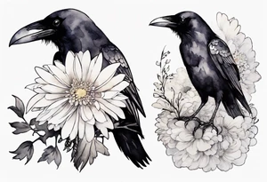 a raven wearing a tiny white chrysanthemum tattoo idea
