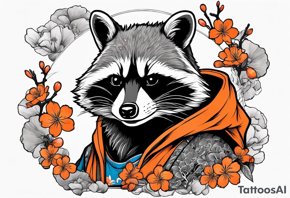 raccoon wearing a black and white Superman hoodie and orange Japanese cherry blossoms tattoo idea