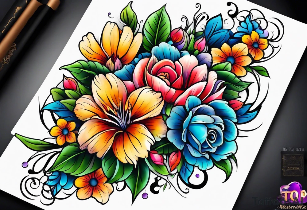 Colorful flower sleeve tattoo idea