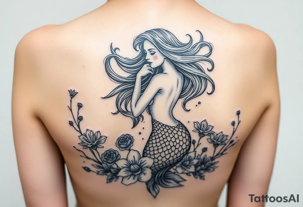 ethereal mermaid with flowing hair among coral and sea flowers tattoo idea